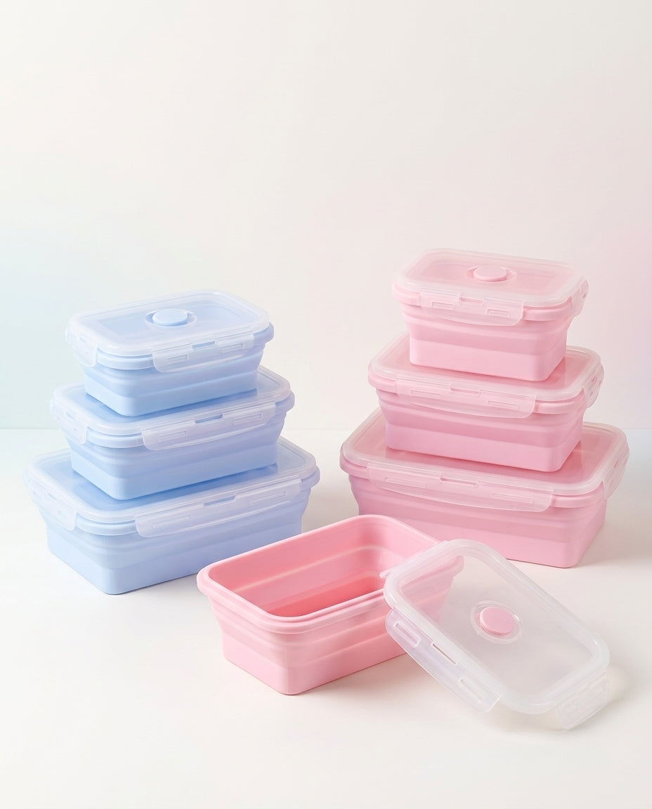 Set de tápers plegables de silicona en rosa y azul, con sus tapas